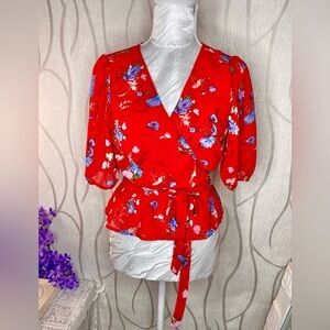 🌹 Wayf 🌹 Vibrant Red Blue Floral Sheer Wrap Ruffle Blouse